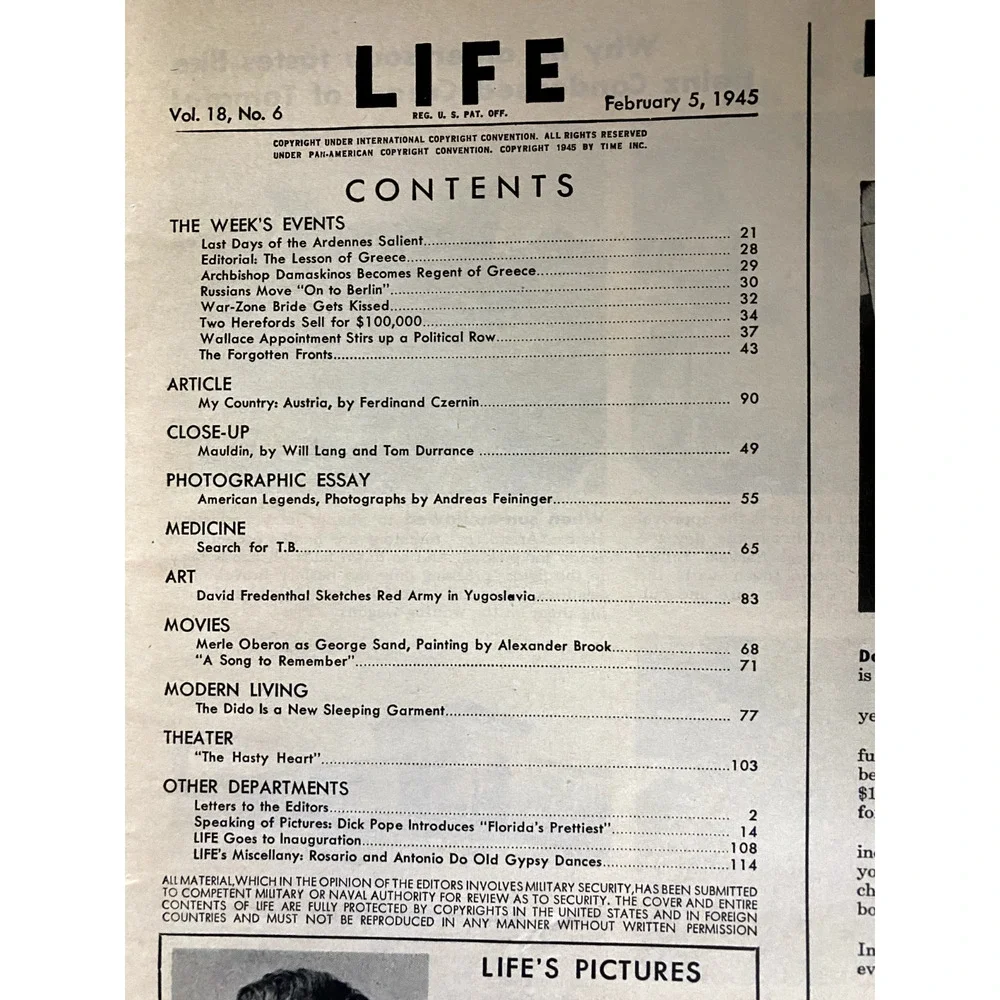 LIFE Magazine February 5 1945 WWII Era Florida Cover Amelia Crossland Vintage